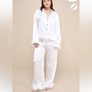 Lulu's White Satin Feather-Trim Pajama Set
